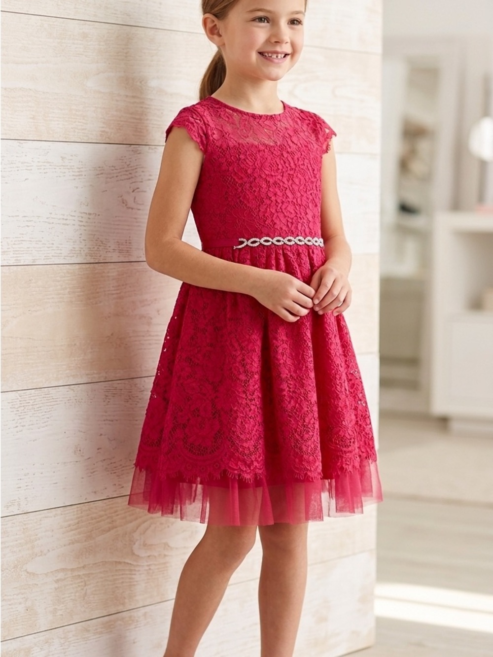 Rare Editions Red Lace Party Dress with Jeweled Belt. Size 12